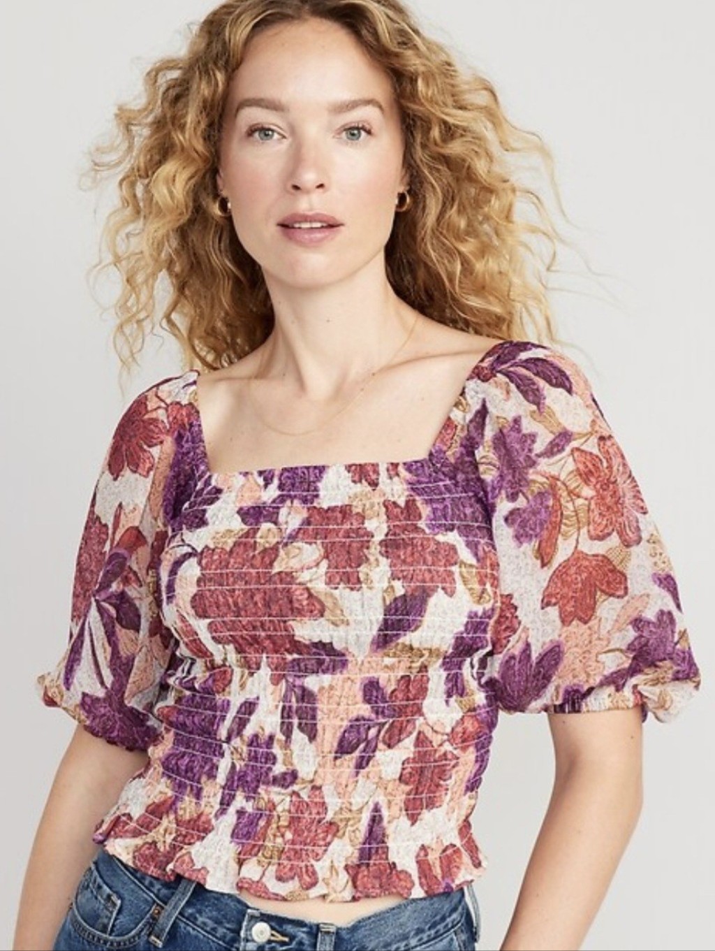 Nwt. Old Navy Cream Top With Purple & Orange Floral Print. Size L. #Sw